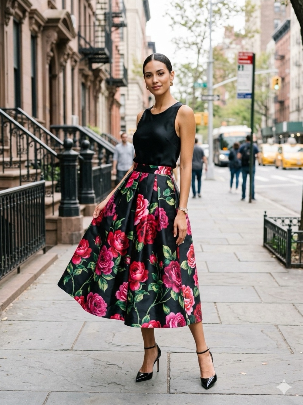 L'ATISTE Black Midi Skirt with Pink Rose Print